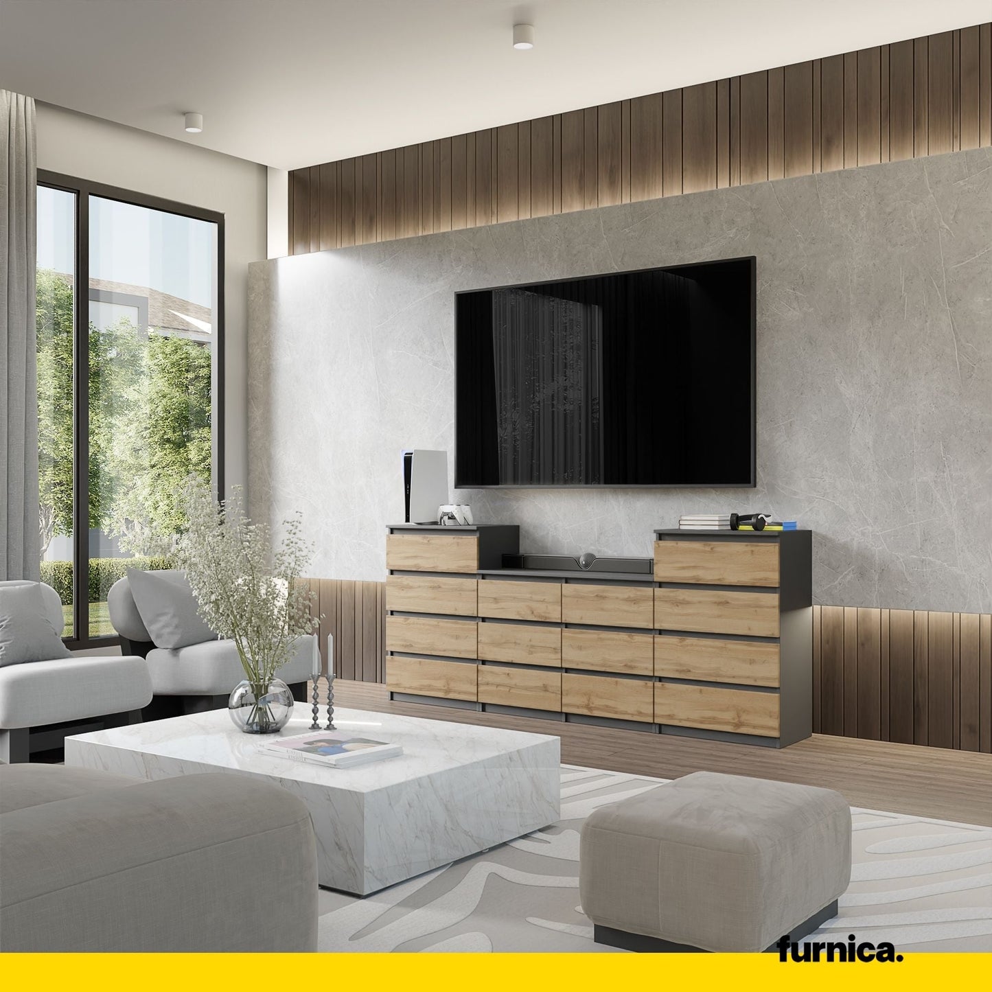 GABRIEL - Komoda se 14 šuplíky (4+6+4) - Skříň na oblečení do ložnice - Anthracit / Wotan dub H92cm Š220cm H33cm