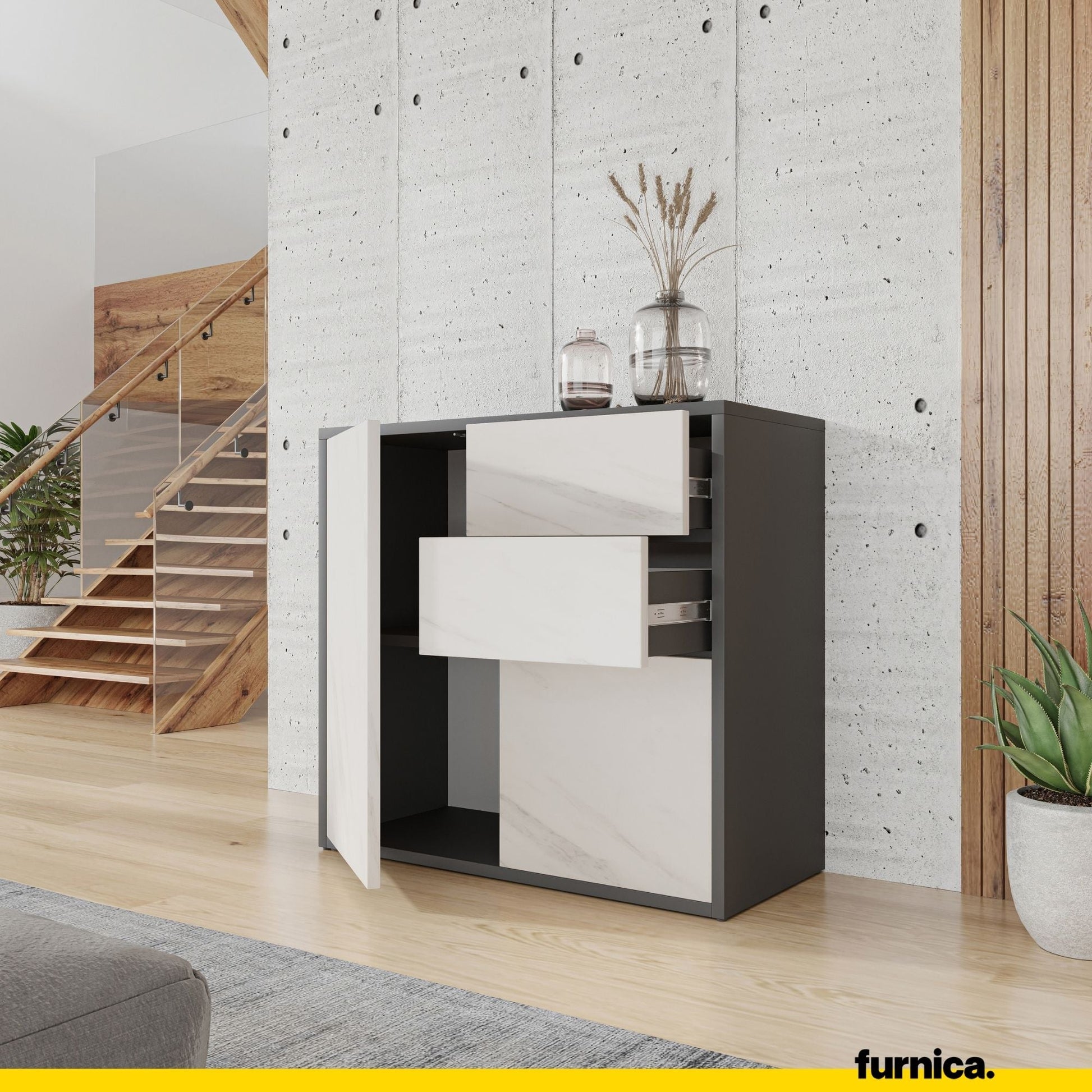 CAMILLE - Skříň s dvěma dveřmi a dvěma šuplíky s funkcí push to open - antracit / bílý mramor H74cm W80cm D36cm (5) – Furnica