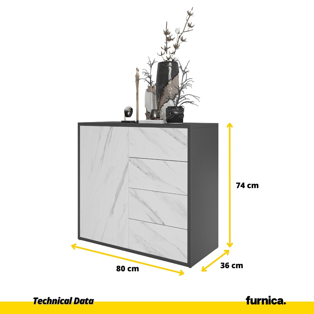 CAMILLE - Skříň s dvířky a 4 zásuvkami s funkcí push to open - antracit / bílý mramor H74cm Š80cm H36cm (2) – Furnica