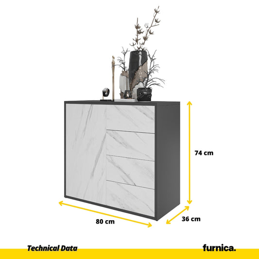 CAMILLE - Skříň s dvířky a 4 zásuvkami s funkcí push to open - antracit / bílý mramor H74cm Š80cm H36cm (2) – Furnica
