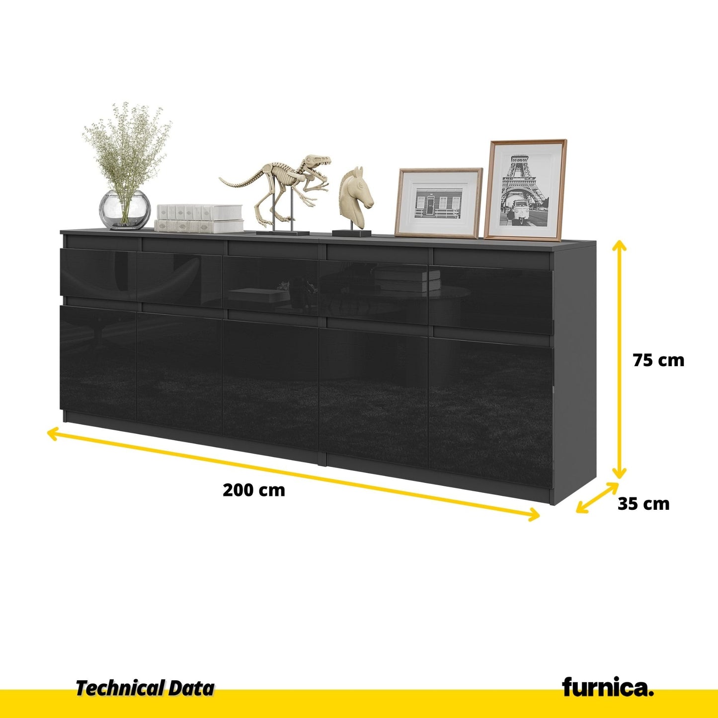 NOAH - Komoda se 5 šuplíky a 5 dveřmi - Skříň na uložení oblečení do ložnice - Anthracit / Lesklý černý - V: 75 cm, Š: (2)
