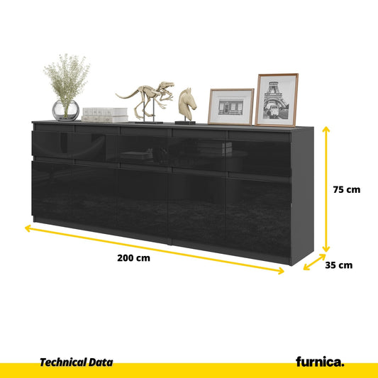 NOAH - Komoda se 5 šuplíky a 5 dveřmi - Skříň na uložení oblečení do ložnice - Anthracit / Lesklý černý - V: 75 cm, Š: 200 cm, H: 35 cm
