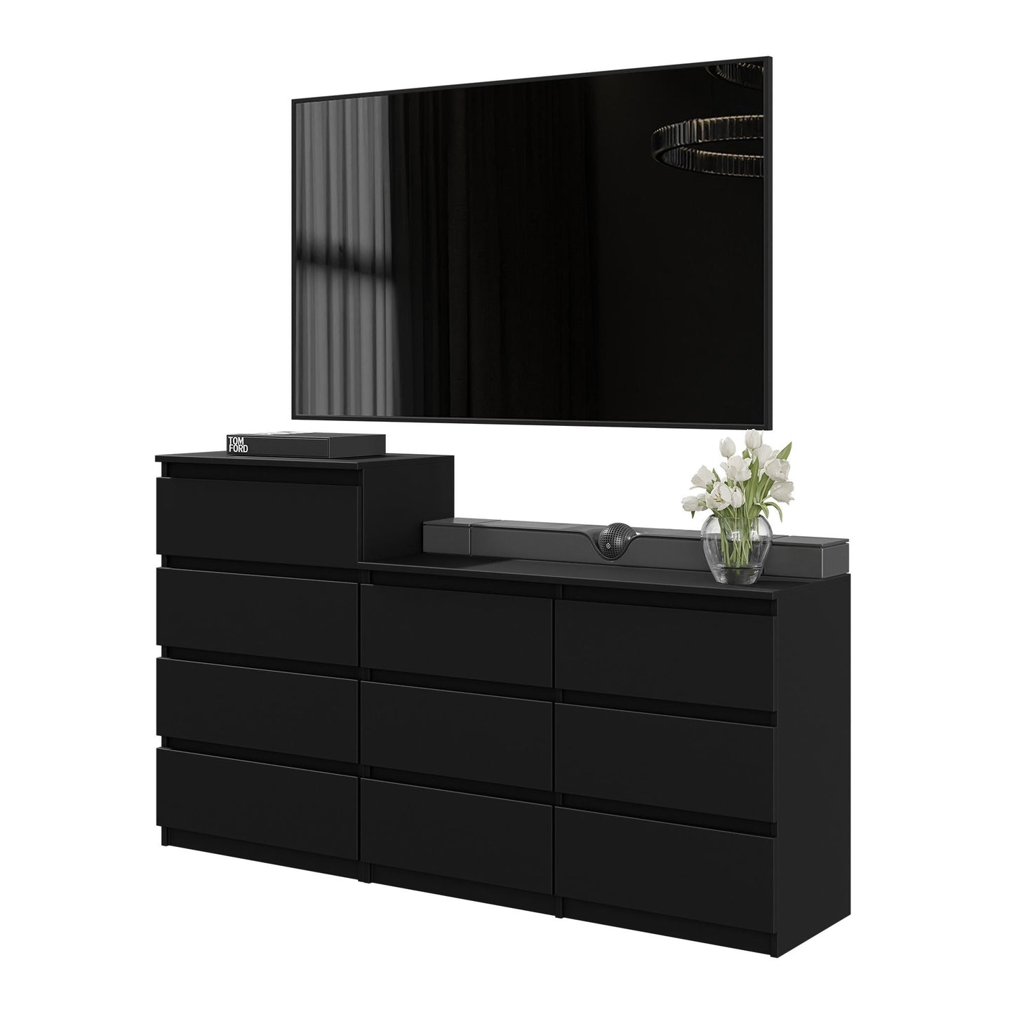 GABRIEL - Komoda se 10 šuplíky (6+4) - Skříň na oblečení do ložnice - Černý matný povrch H92/70cm Š160cm Hl33cm