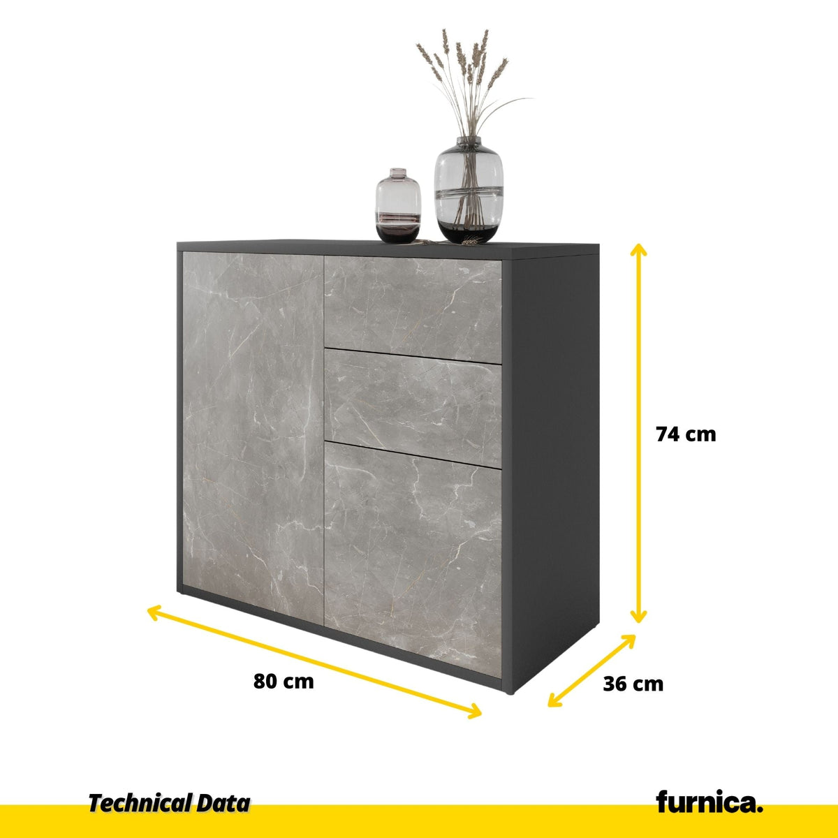 CAMILLE - Skříň s dvěma dveřmi a dvěma šuplíky s funkcí push to open - antracit / bazalt Trasimeno H74cm W80cm D36cm (2)