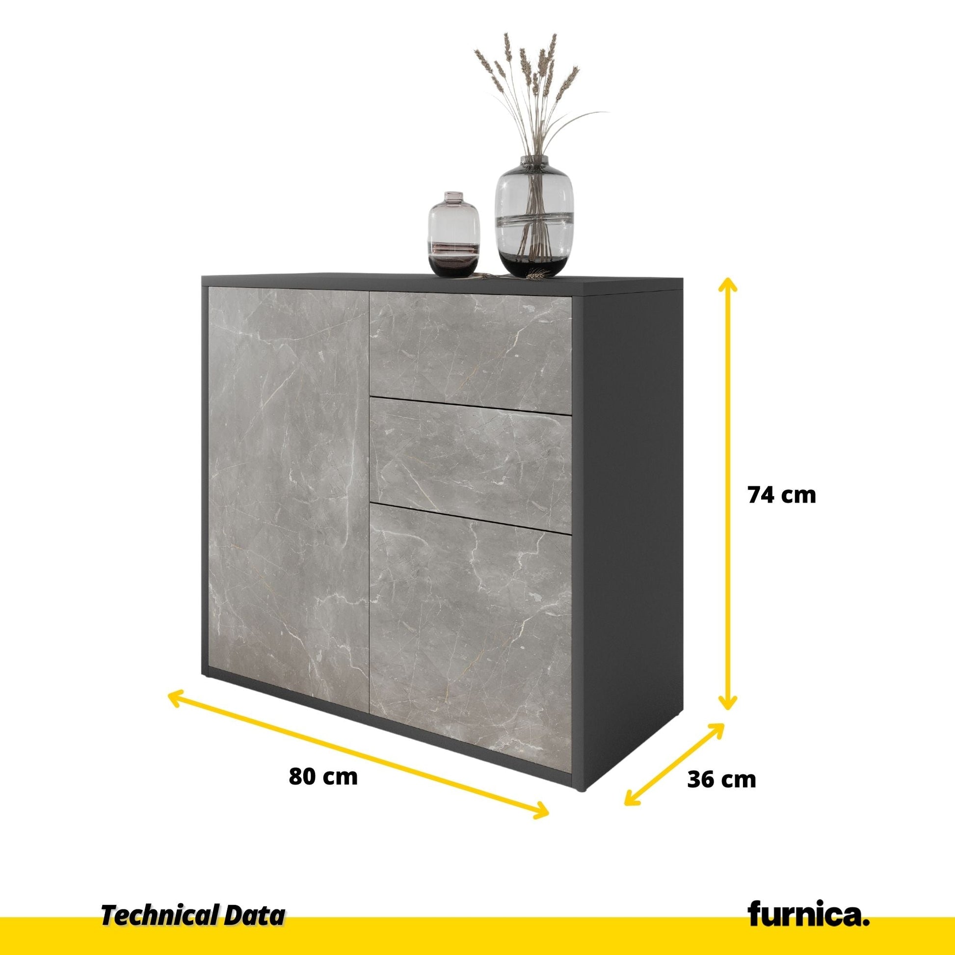 CAMILLE - Skříň s dvěma dveřmi a dvěma šuplíky s funkcí push to open - antracit / bazalt Trasimeno H74cm W80cm D36cm (2)