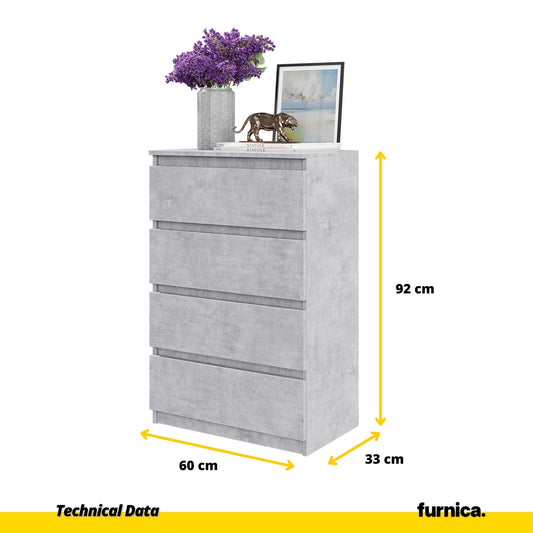 GABRIEL - Komoda se 4 zásuvkami - Skříň na oblečení do ložnice - Betonová - Výška 92 cm, šířka 60 cm, hloubka 33 cm.