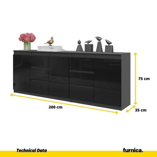 MIKEL - Komoda se 6 šuplíky a 3 dveřmi - Skříň na oblečení do ložnice - Anthracit / Lesklý černý - Výška 75 cm, šířka 200 cm, hloubka 35 cm.