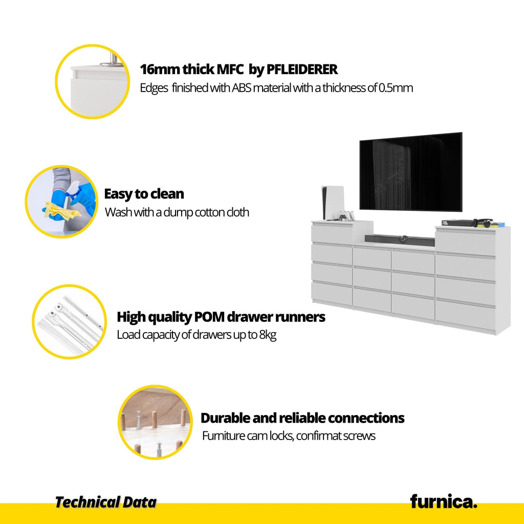 GABRIEL - Komoda se 14 šuplíky (4+6+4) - Skříň na oblečení do ložnice - Bílý lesk H92cm W220cm D33cm