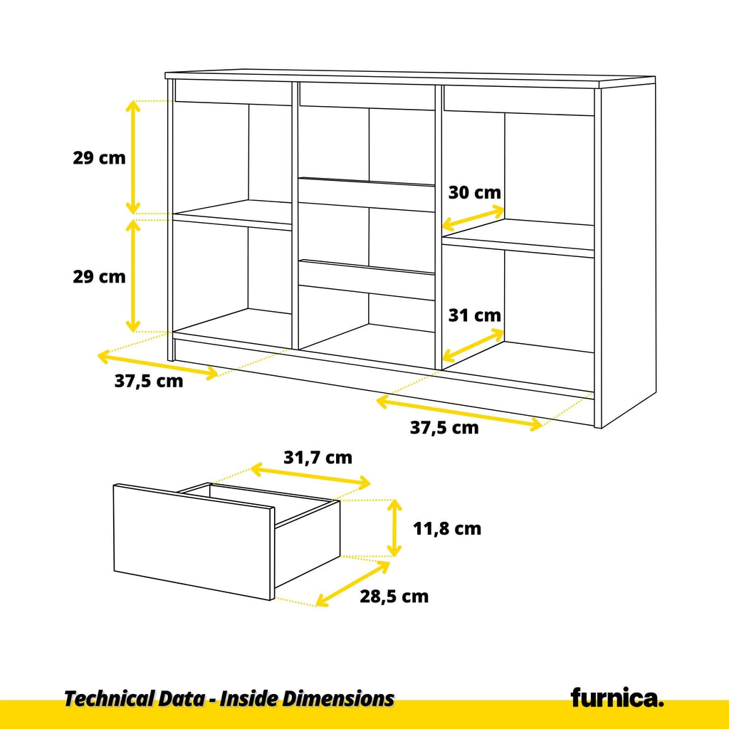 MIKEL - Komoda se 3 šuplíky a 2 dveřmi - Skříň na oblečení do ložnice - Sonoma dub / bílý matný - Výška 75 cm, šířka 120 cm, hloubka 35 cm.