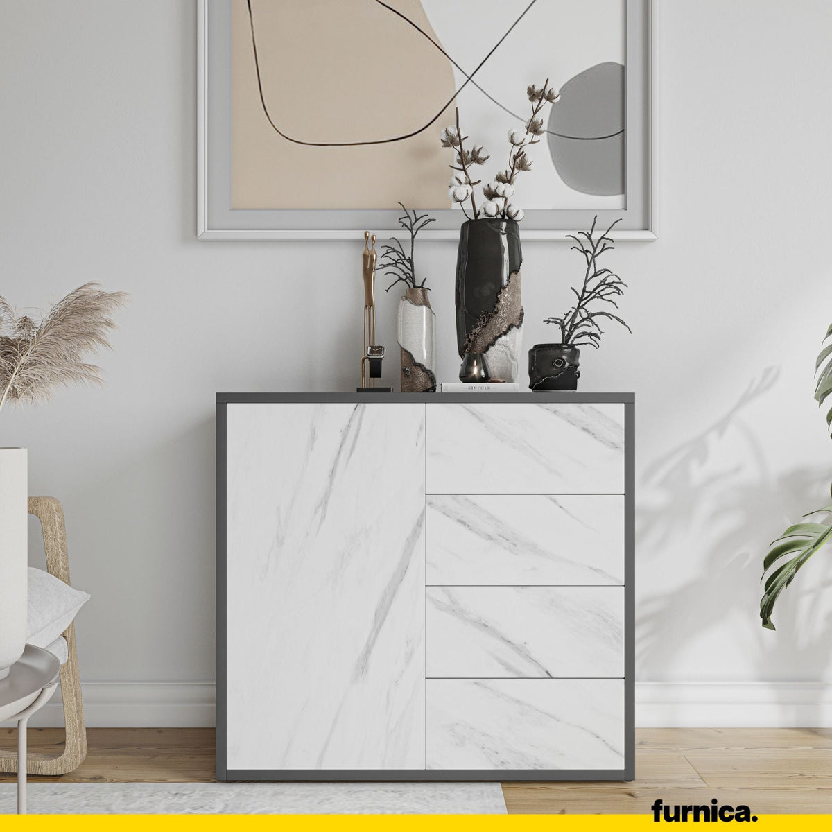 CAMILLE - Skříň s dvířky a 4 zásuvkami s funkcí push to open - antracit / bílý mramor H74cm Š80cm H36cm (3) – Furnica
