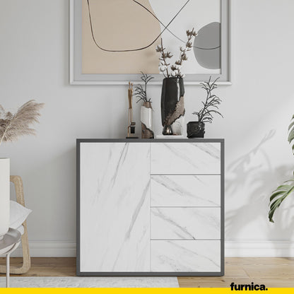 CAMILLE - Skříň s dvířky a 4 zásuvkami s funkcí push to open - antracit / bílý mramor H74cm Š80cm H36cm (3) – Furnica