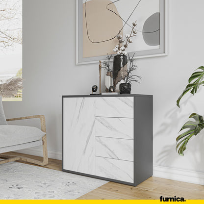 CAMILLE - Skříň s dvířky a 4 zásuvkami s funkcí push to open - antracit / bílý mramor H74cm Š80cm H36cm (4) – Furnica