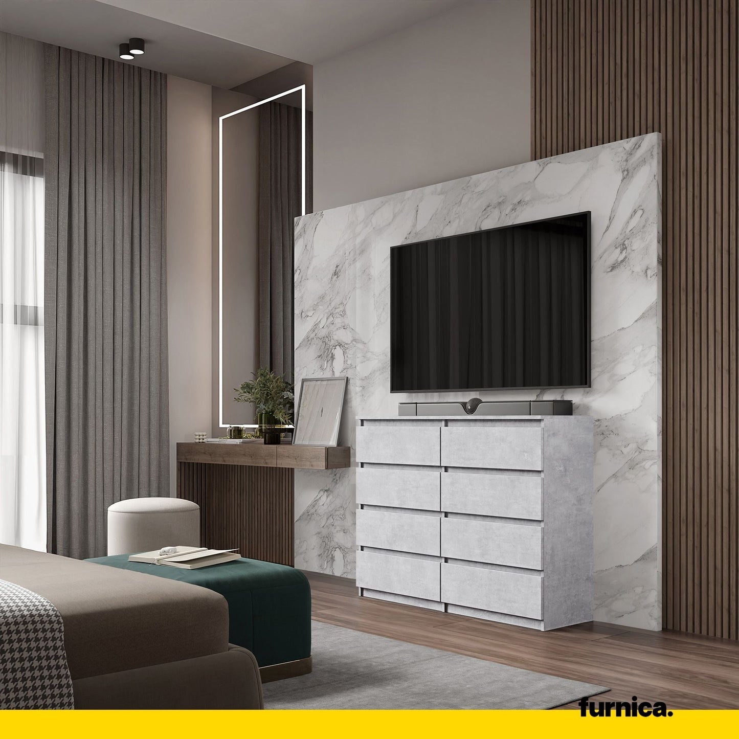 GABRIEL - Komoda se 8 šuplíky - Skříň na uložení oblečení do ložnice - Betonová - Výška 92 cm, šířka 120 cm, hloubka 33 cm.