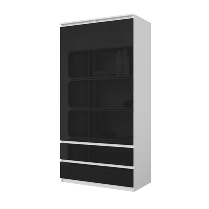 JOELLE - Skříň se 2 dveřmi a 2 zásuvkami - Bílá matná / Černý lesk - H180cm Š90cm D50cm