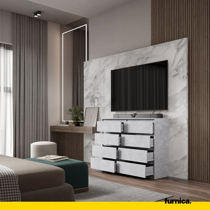 GABRIEL - Komoda se 8 šuplíky - Skříň na uložení oblečení do ložnice - Betonová - Výška 92 cm, šířka 120 cm, hloubka 33 cm.
