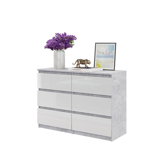 GABRIEL - Komoda se 6 šuplíky - Skříň na uložení oblečení do ložnice - Beton / Bílý lesk H71cm Š100cm D33cm