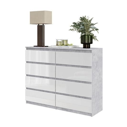 GABRIEL - Komoda se 8 šuplíky - Skříň na oblečení do ložnice - Beton / Bílý lesk H92cm Š120cm D33cm