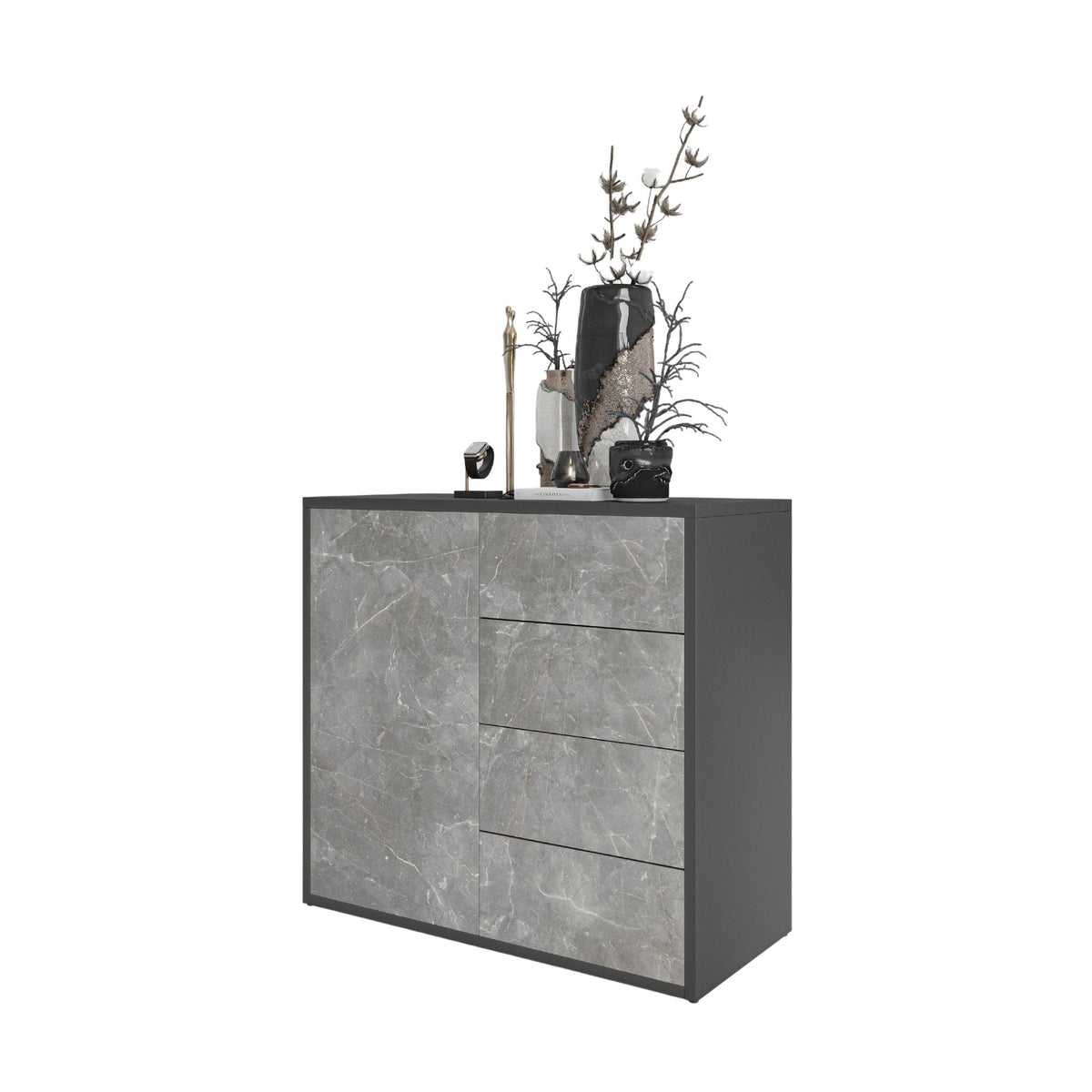 CAMILLE - Skříň s dvířky a 4 zásuvkami s funkcí push to open - antracit / basalt Trasimeno H74cm W80cm D36cm – Furnica
