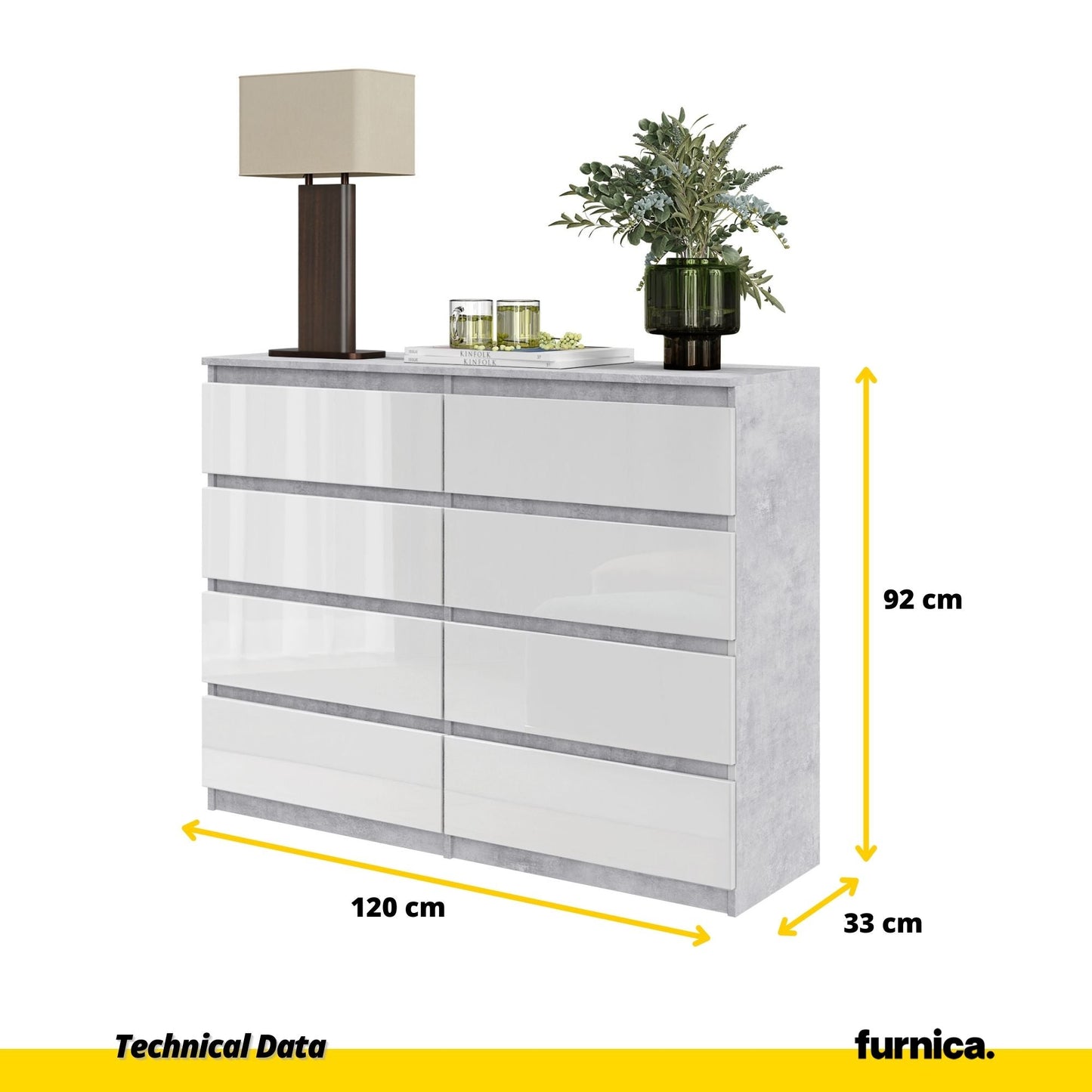 GABRIEL - Komoda se 8 šuplíky - Skříň na oblečení do ložnice - Beton / Bílý lesk H92cm Š120cm D33cm