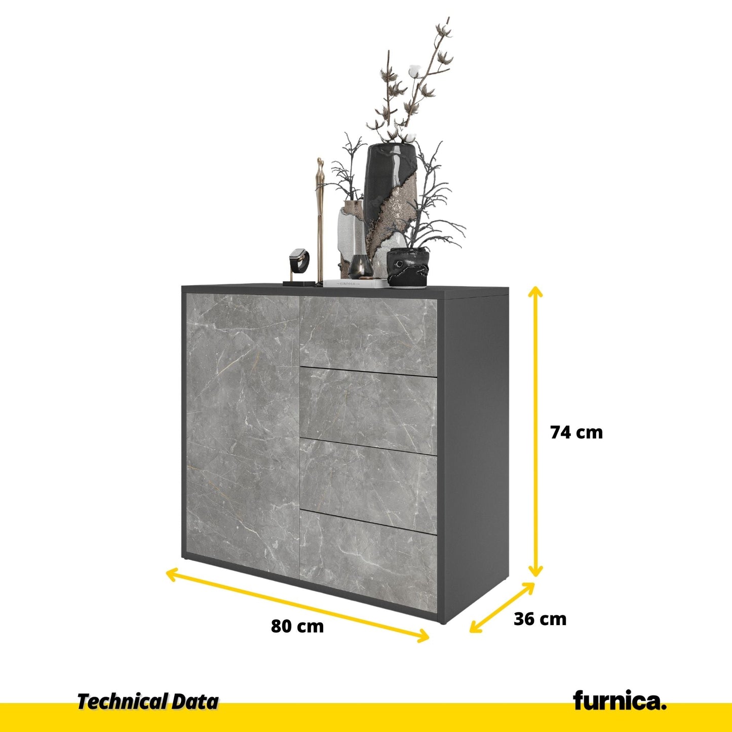 CAMILLE - Skříň s dvířky a 4 zásuvkami s funkcí push to open - antracit / basalt Trasimeno H74cm W80cm D36cm (2) – Furnica