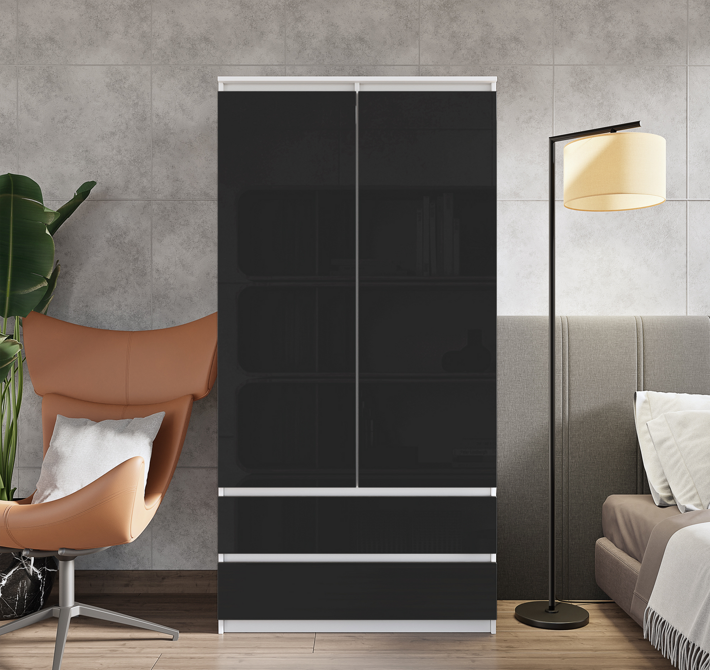 JOELLE - Skříň se 2 dveřmi a 2 zásuvkami - Bílá matná / Černý lesk - H180cm Š90cm D50cm (3)