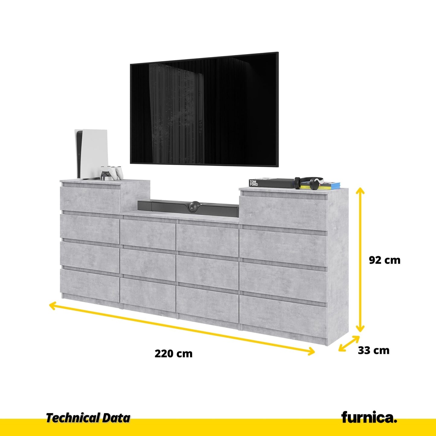 GABRIEL - Komoda se 14 šuplíky (4+6+4) - Skříň na oblečení do ložnice - Betonová - Výška 92 cm, šířka 220 cm, hloubka 33 cm.