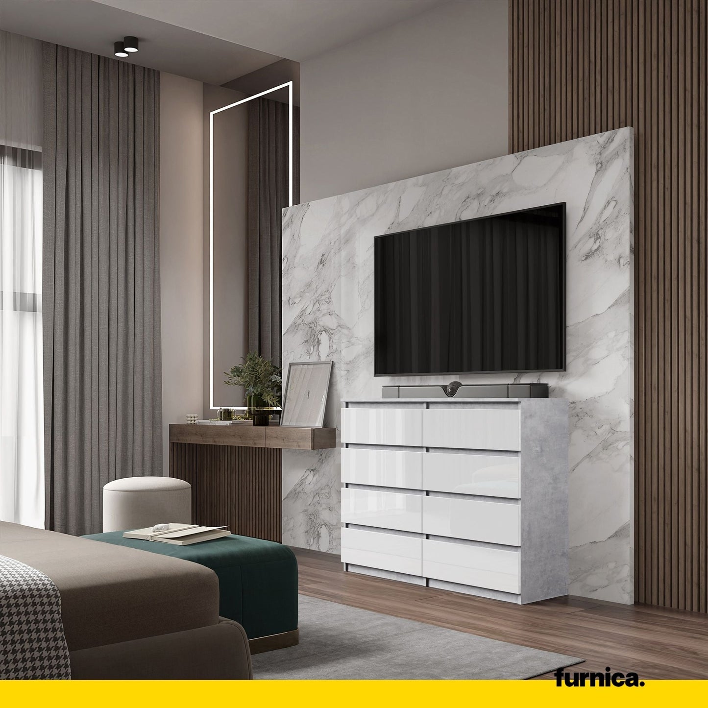 GABRIEL - Komoda se 8 šuplíky - Skříň na oblečení do ložnice - Beton / Bílý lesk H92cm Š120cm D33cm