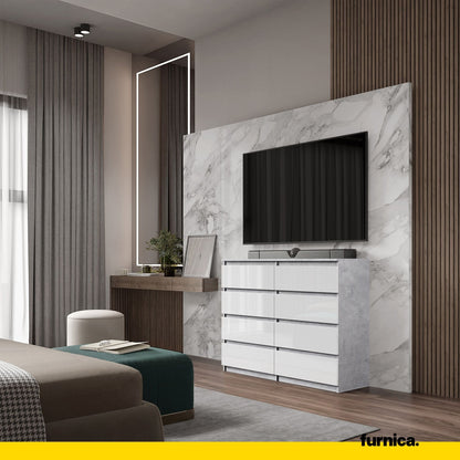 GABRIEL - Komoda se 8 šuplíky - Skříň na oblečení do ložnice - Beton / Bílý lesk H92cm Š120cm D33cm