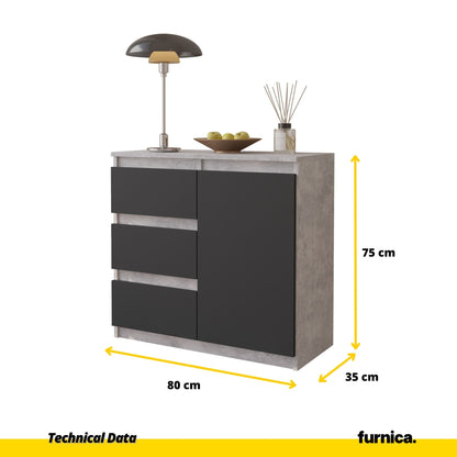 MIKEL - Komoda se 3 šuplíky a 1 dveřmi - Skříň na uložení oblečení do ložnice - Betonová / antracitová - Výška 75 cm, šířka 80 cm, hloubka 35 cm.