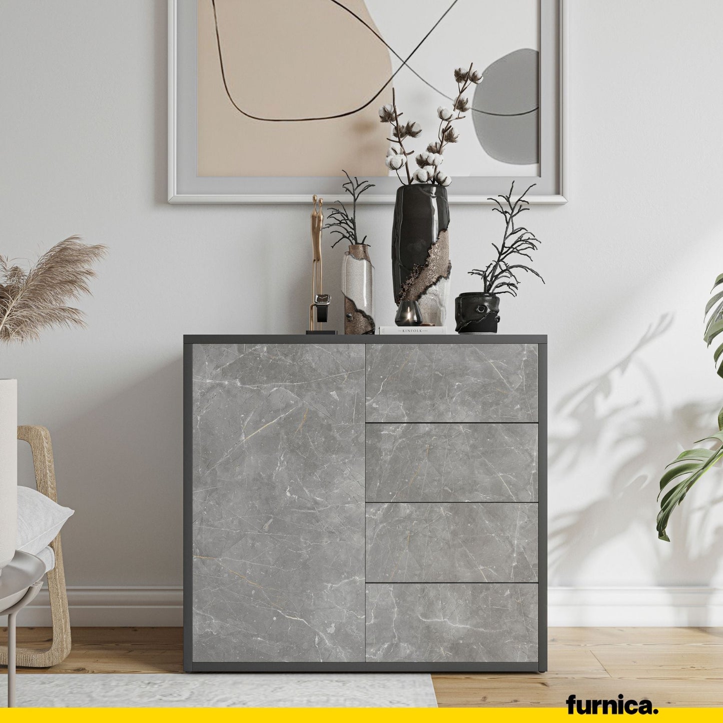 CAMILLE - Skříň s dvířky a 4 zásuvkami s funkcí push to open - antracit / basalt Trasimeno H74cm W80cm D36cm (3) – Furnica