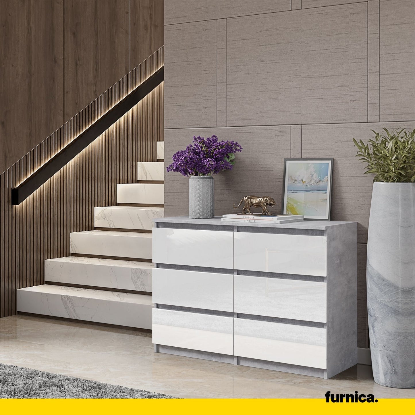 GABRIEL - Komoda se 6 šuplíky - Skříň na uložení oblečení do ložnice - Beton / Bílý lesk H71cm Š100cm D33cm