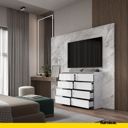 GABRIEL - Komoda se 8 šuplíky - Skříň na oblečení do ložnice - Beton / Bílý lesk H92cm Š120cm D33cm