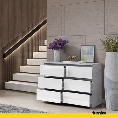 GABRIEL - Komoda se 6 šuplíky - Skříň na uložení oblečení do ložnice - Beton / Bílý lesk H71cm Š100cm D33cm