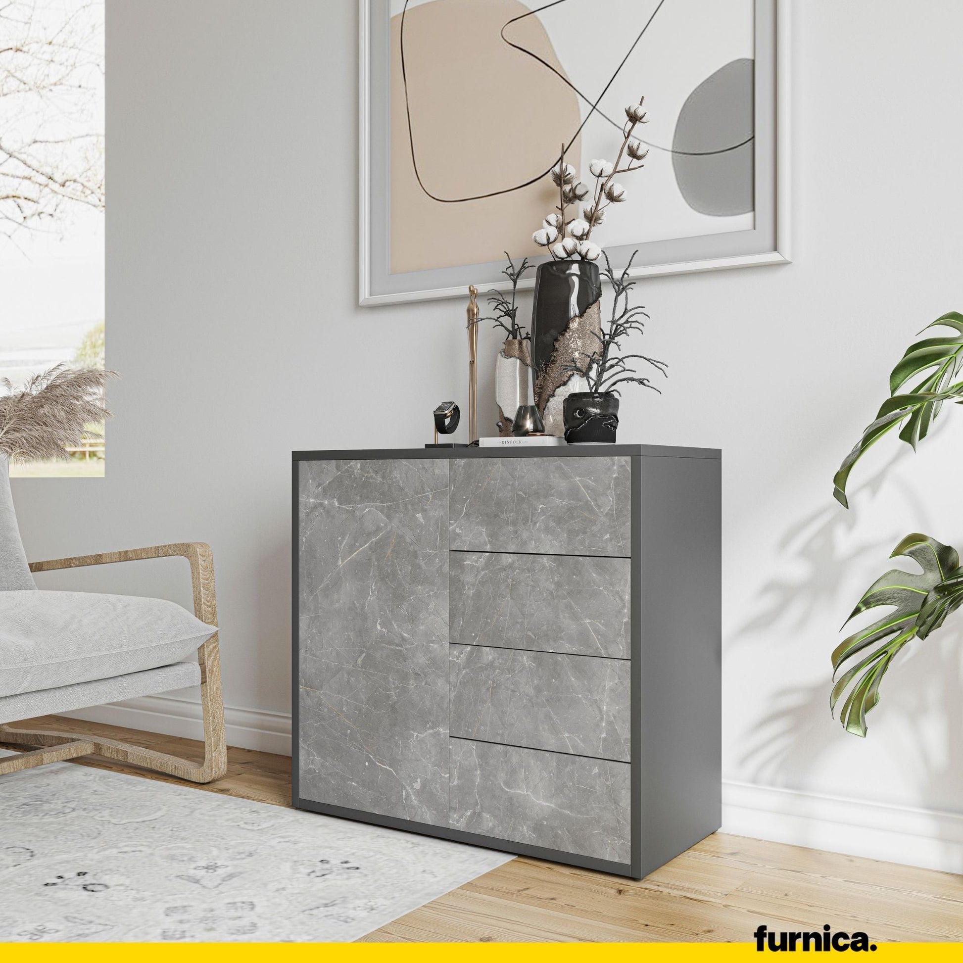 CAMILLE - Skříň s dvířky a 4 zásuvkami s funkcí push to open - antracit / basalt Trasimeno H74cm W80cm D36cm (4) – Furnica