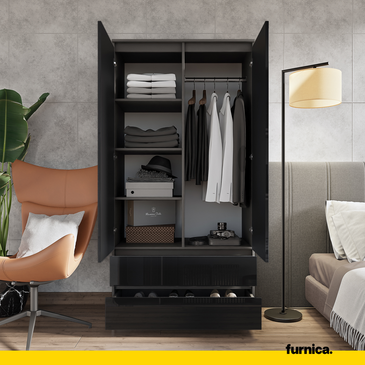 JOELLE - Skříň se 2 dveřmi a 2 zásuvkami - Antracit / Černý lesk - H180cm Š90cm D50cm (4) – Furnica