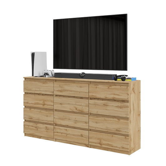GABRIEL - Komoda se 12 šuplíky (8+4) - Skříň na oblečení do ložnice - úložný prostor - příborník - Wotan dub - V92cm x Š180cm x H33cm