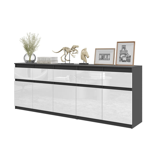NOAH - Komoda se 5 šuplíky a 5 dveřmi - Skříň na uložení oblečení do ložnice - Anthracit / Bílý lesk H75cm W200cm D35cm