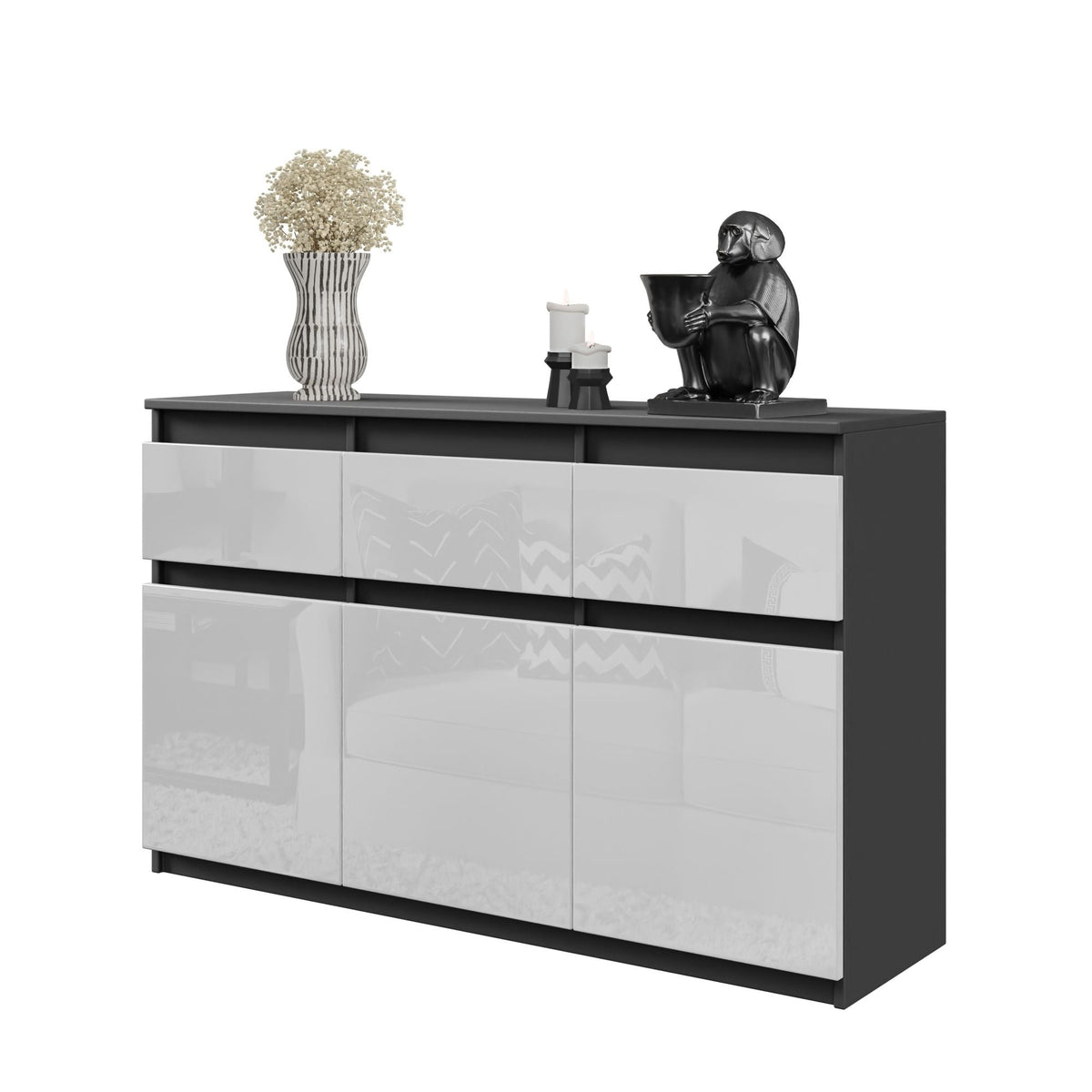 NOAH - Komoda se 3 šuplíky a 3 dveřmi - Skříň na uložení oblečení do ložnice - Anthracit / Bílý lesk H75cm W120cm D35cm