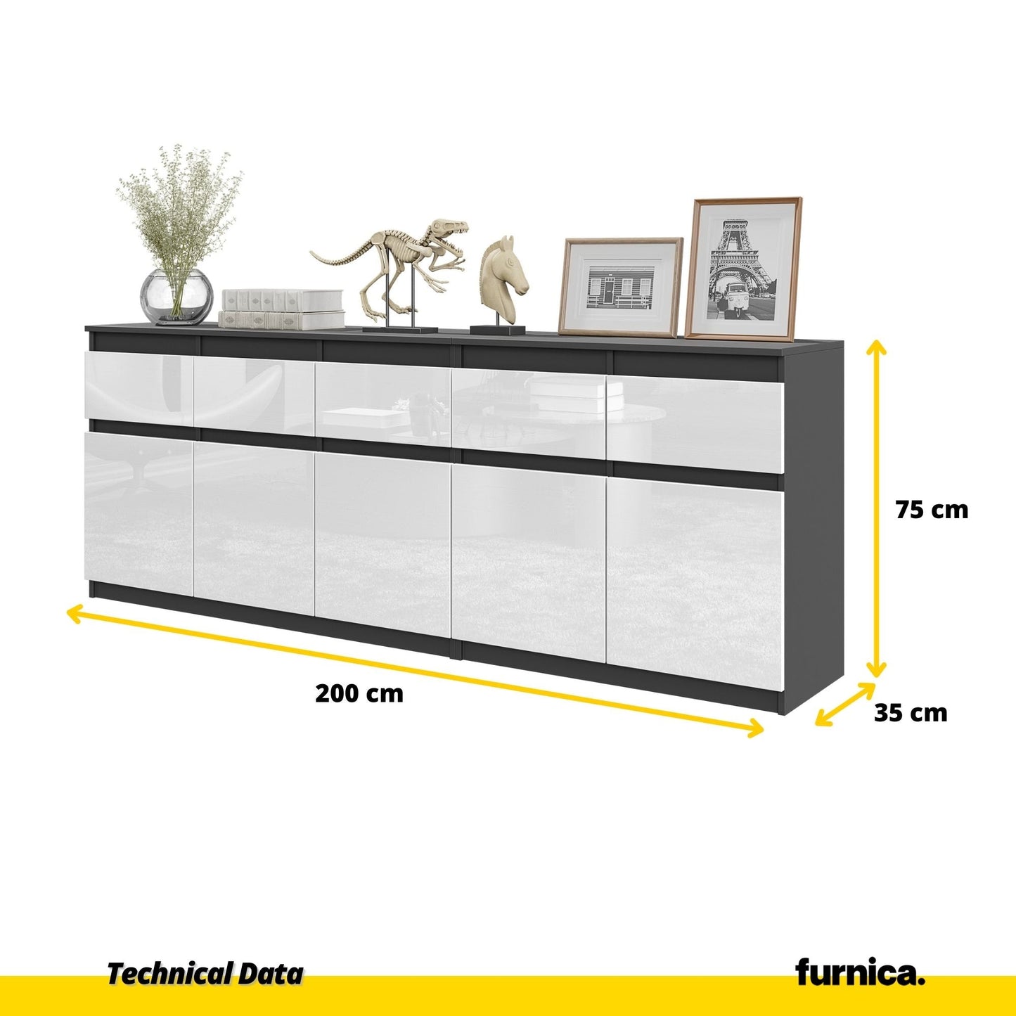 NOAH - Komoda se 5 šuplíky a 5 dveřmi - Skříň na uložení oblečení do ložnice - Anthracit / Bílý lesk H75cm W200cm D35cm (2)