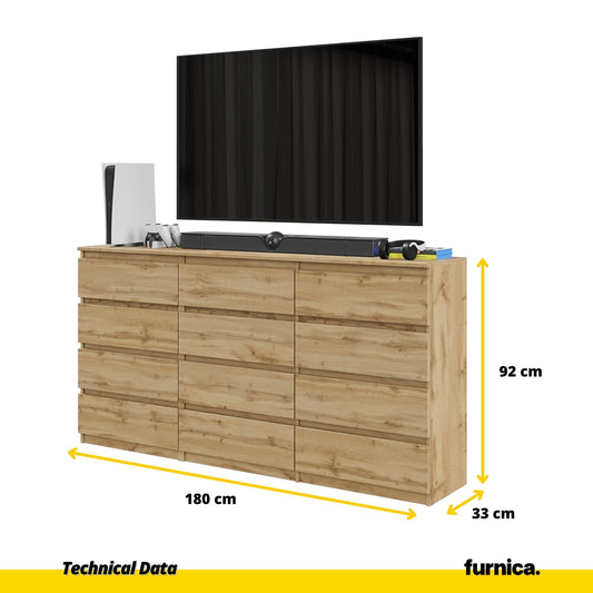 GABRIEL - Komoda se 12 šuplíky (8+4) - Skříň na oblečení do ložnice - úložný prostor - příborník - Wotan dub - V92cm x Š180cm x H33cm