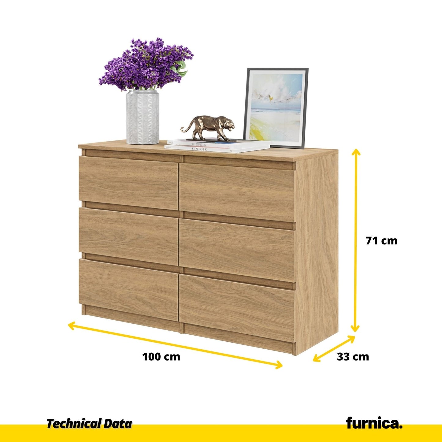 GABRIEL - Komoda se 6 šuplíky - Skříň na oblečení do ložnice - Kredenční skříň - Lancelot H71cm W100cm D33cm