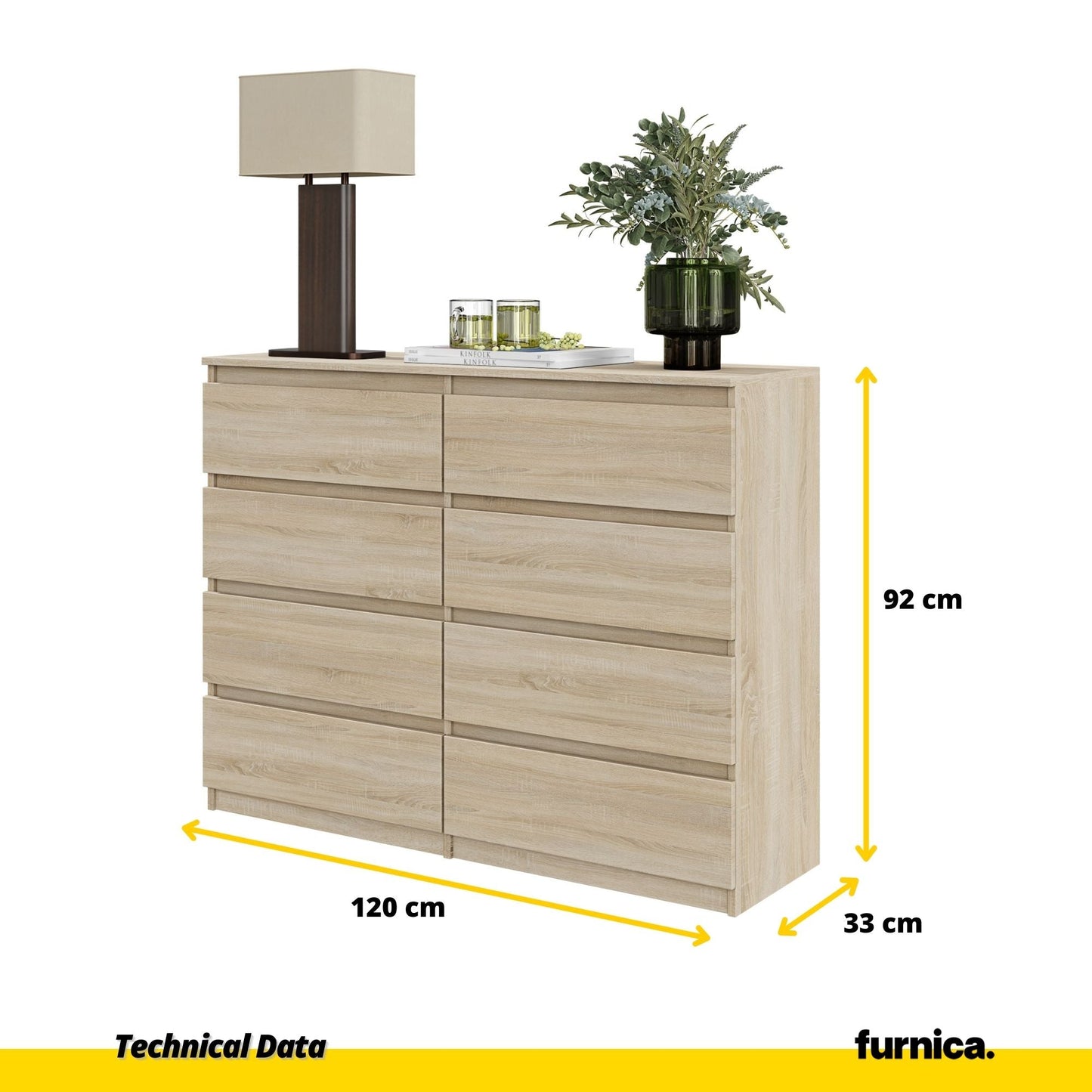 GABRIEL - Komoda se 8 šuplíky - Skříň na oblečení do ložnice - Sonoma dub - Výška 92 cm, šířka 120 cm, hloubka 33 cm.