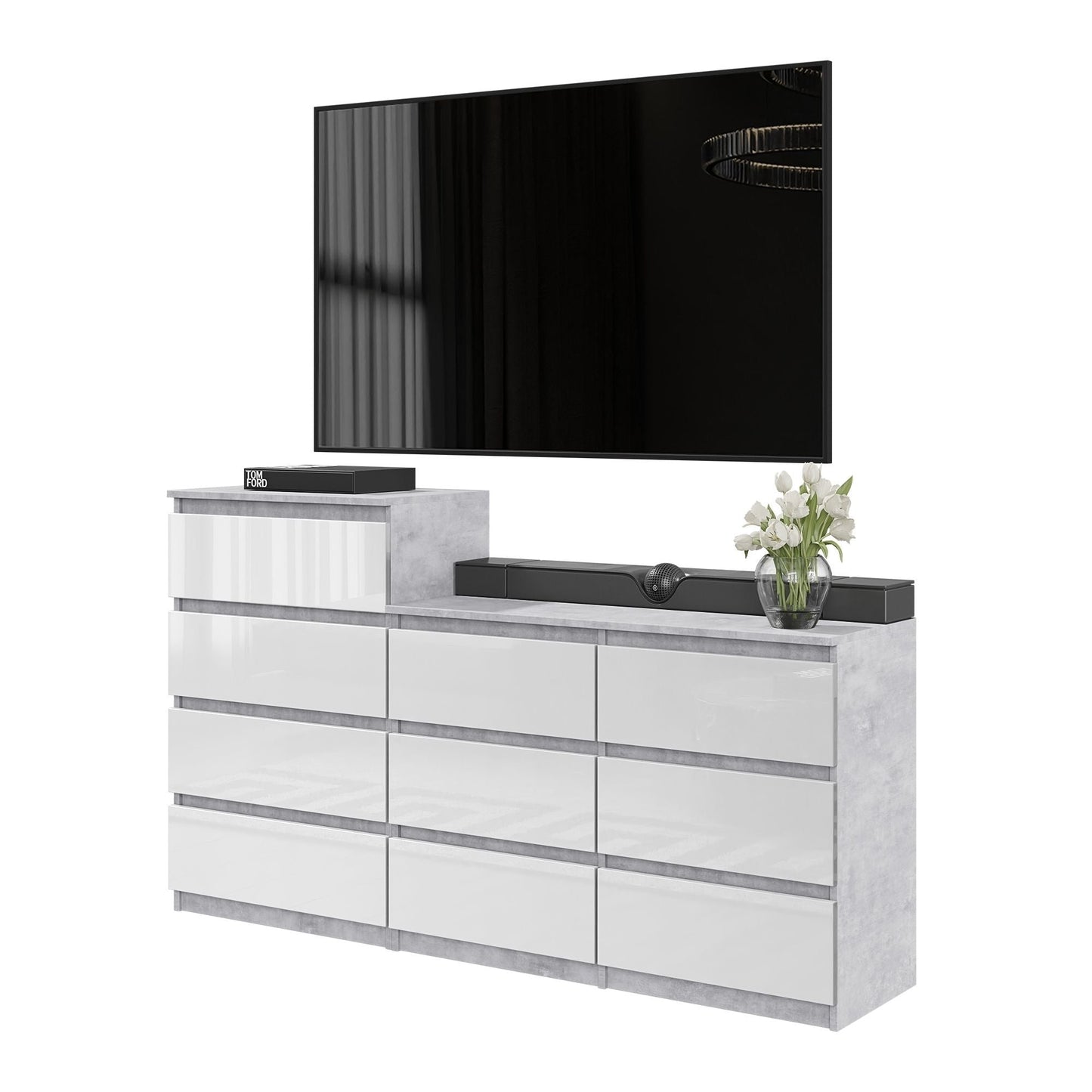 GABRIEL - Komoda se 10 šuplíky (6+4) - Skříň na oblečení do ložnice - Betonová / Bílý lesk H92/70cm Š160cm D33cm
