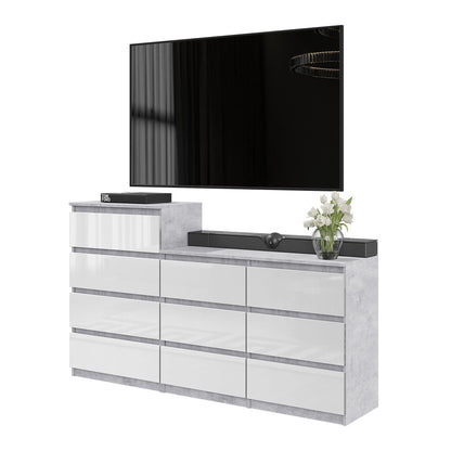 GABRIEL - Komoda se 10 šuplíky (6+4) - Skříň na oblečení do ložnice - Betonová / Bílý lesk H92/70cm Š160cm D33cm