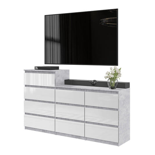 GABRIEL - Komoda se 10 šuplíky (6+4) - Skříň na oblečení do ložnice - Betonová / Bílý lesk H92/70cm Š160cm D33cm