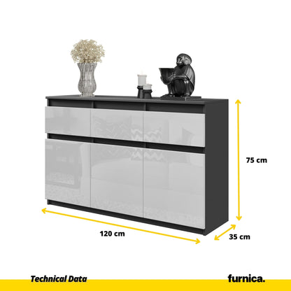 NOAH - Komoda se 3 šuplíky a 3 dveřmi - Skříň na uložení oblečení do ložnice - Anthracit / Bílý lesk H75cm W120cm D35cm (2)