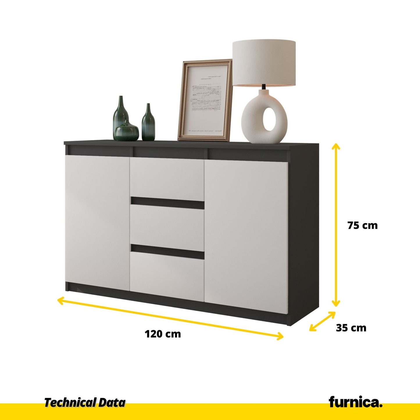 MIKEL - Komoda se 3 šuplíky a 2 dveřmi - Skříň na oblečení do ložnice - Anthracit / Matně bílá - Výška 75 cm, šířka 120 cm, hloubka 35 cm.