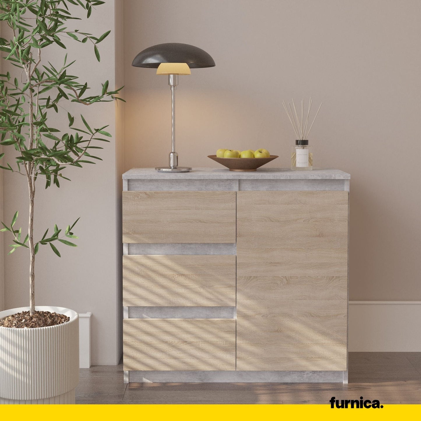 MIKEL - Komoda se 3 šuplíky a 1 dveřmi - Skříň na uložení oblečení do ložnice - Beton / Sonoma dub - Výška 75 cm, šířka 80 cm, hloubka 35 cm.