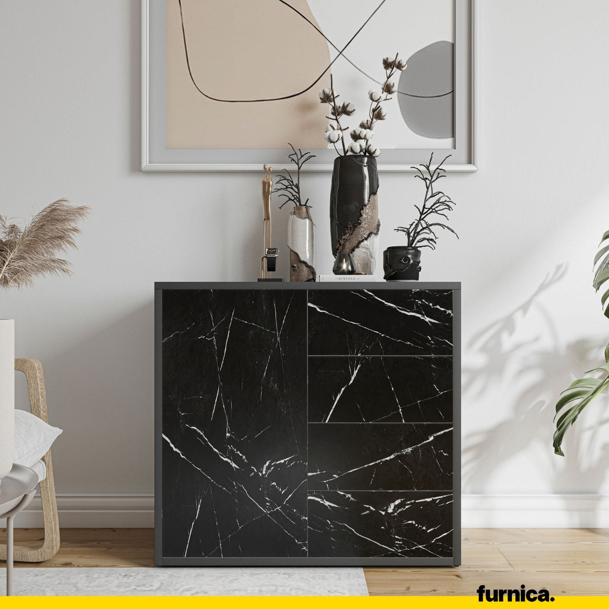 CAMILLE - Skříň s dvířky a 4 zásuvkami s funkcí push to open - antracit / černý mramor H74cm Š80cm D36cm (3) – Furnica