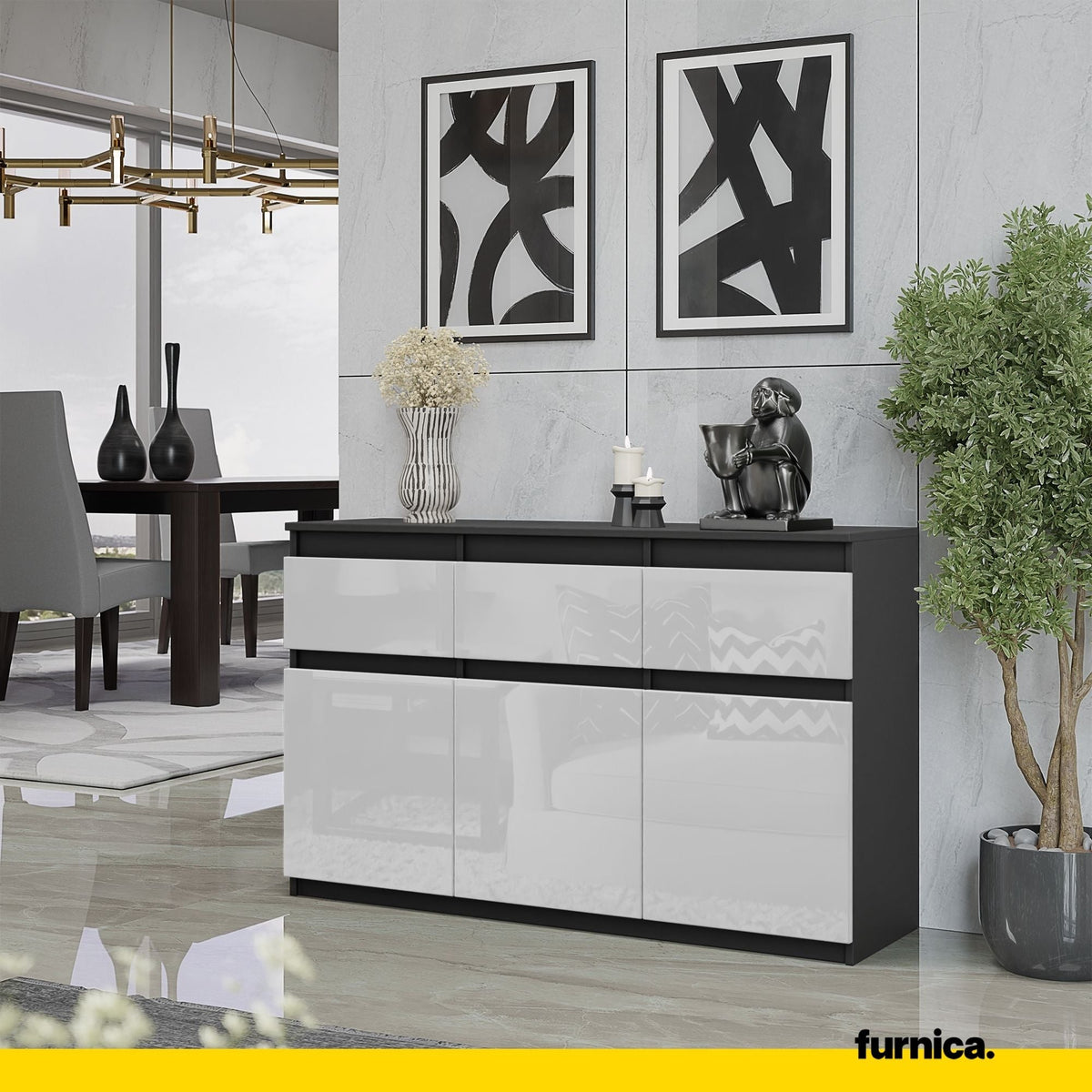 NOAH - Komoda se 3 šuplíky a 3 dveřmi - Skříň na uložení oblečení do ložnice - Anthracit / Bílý lesk H75cm W120cm D35cm (3)